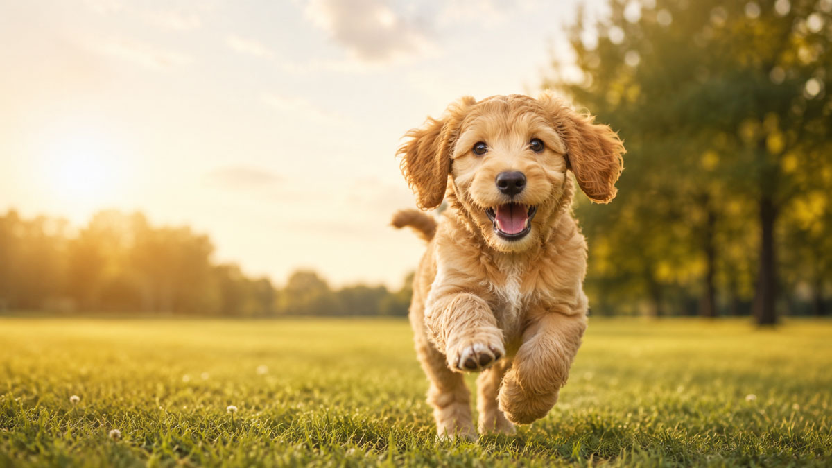 Happy puppy running through grass for the Puppy Years dog age calculator